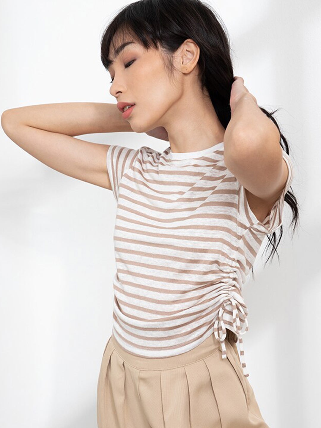 

ORIGIN BY ZALORA White & Beige Striped Linen Ruched Top