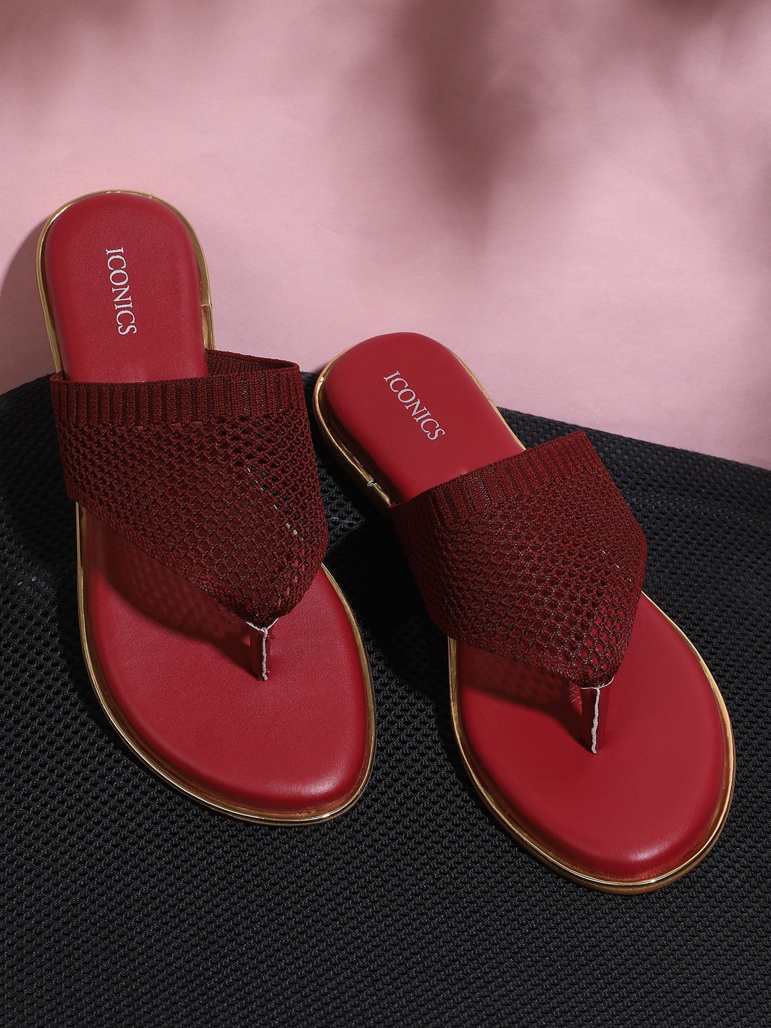 

ICONICS Women Red Embellished Open Toe Flats with Laser Cuts