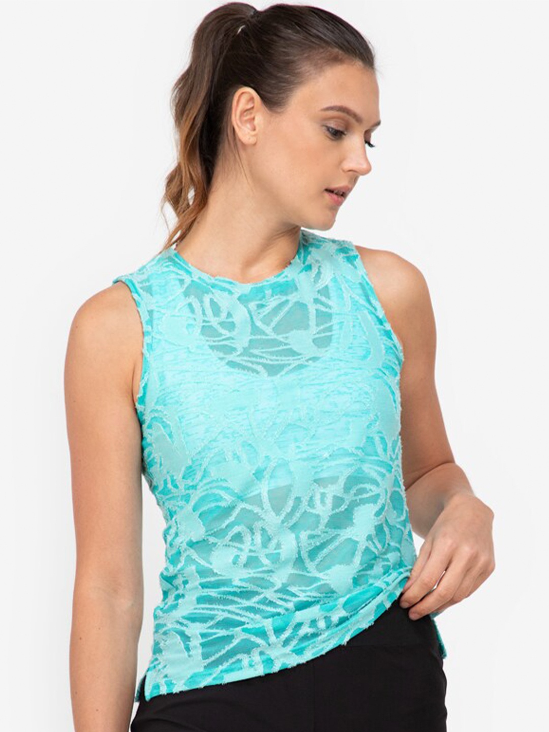 

ZALORA ACTIVE Turquoise Blue Self-Design Round Neck Sleeveless Regular Tank Top