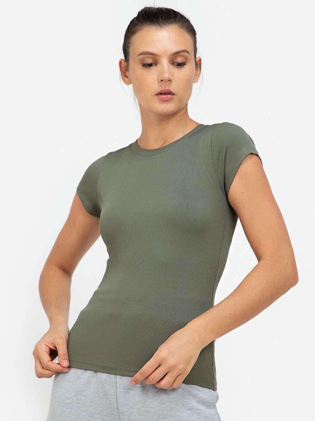 

ZALORA ACTIVE Olive Green Cap Sleeves Fitted Rib Top