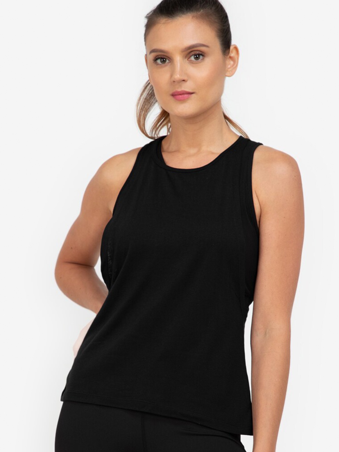 

ZALORA ACTIVE Black Solid Round Neck Fly Back Polyester Regular Tank Top