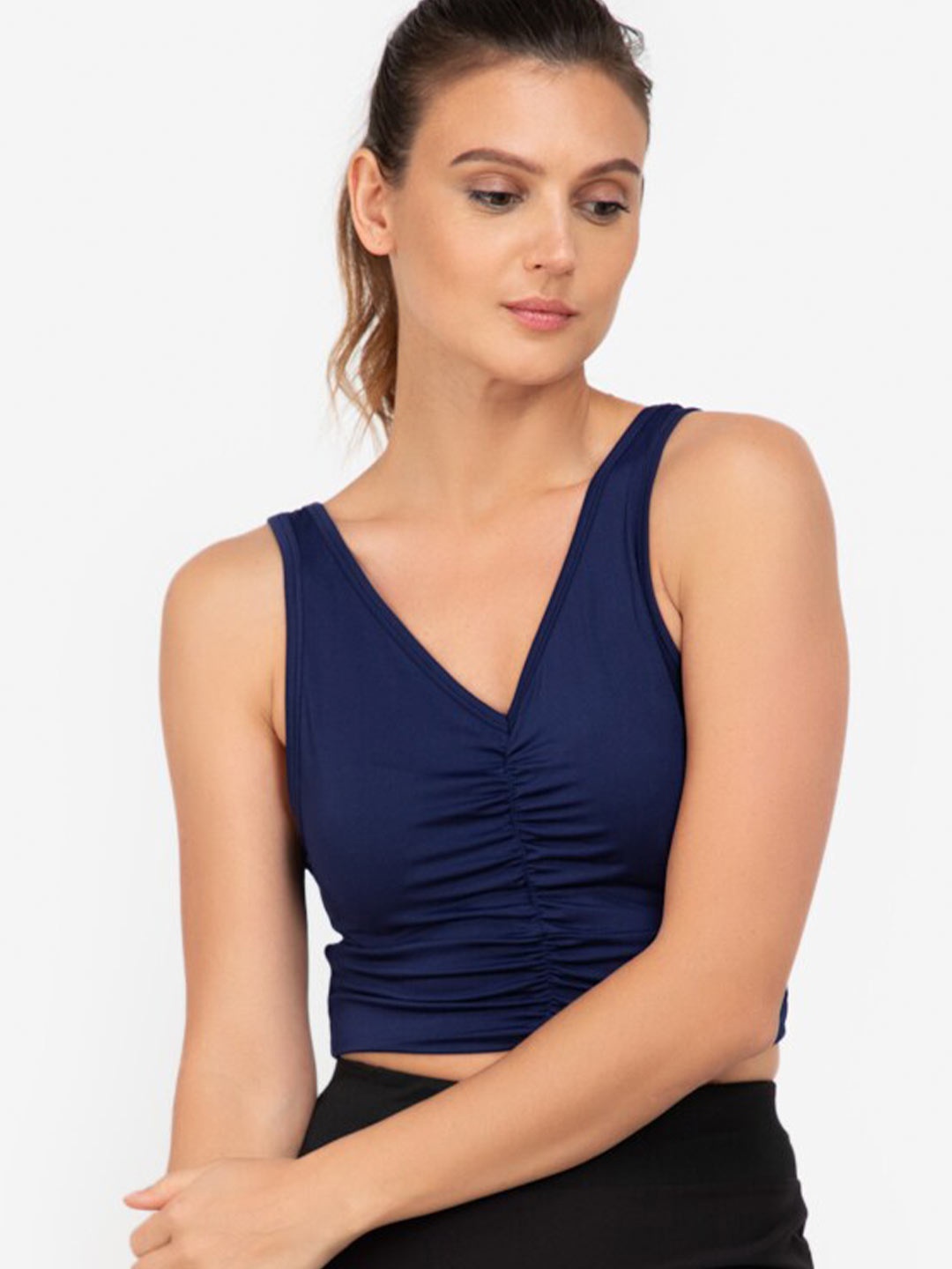 

ZALORA ACTIVE Navy Blue Solid V-Neck Sleeveless Gather Front Fitted Polyester Crop Top