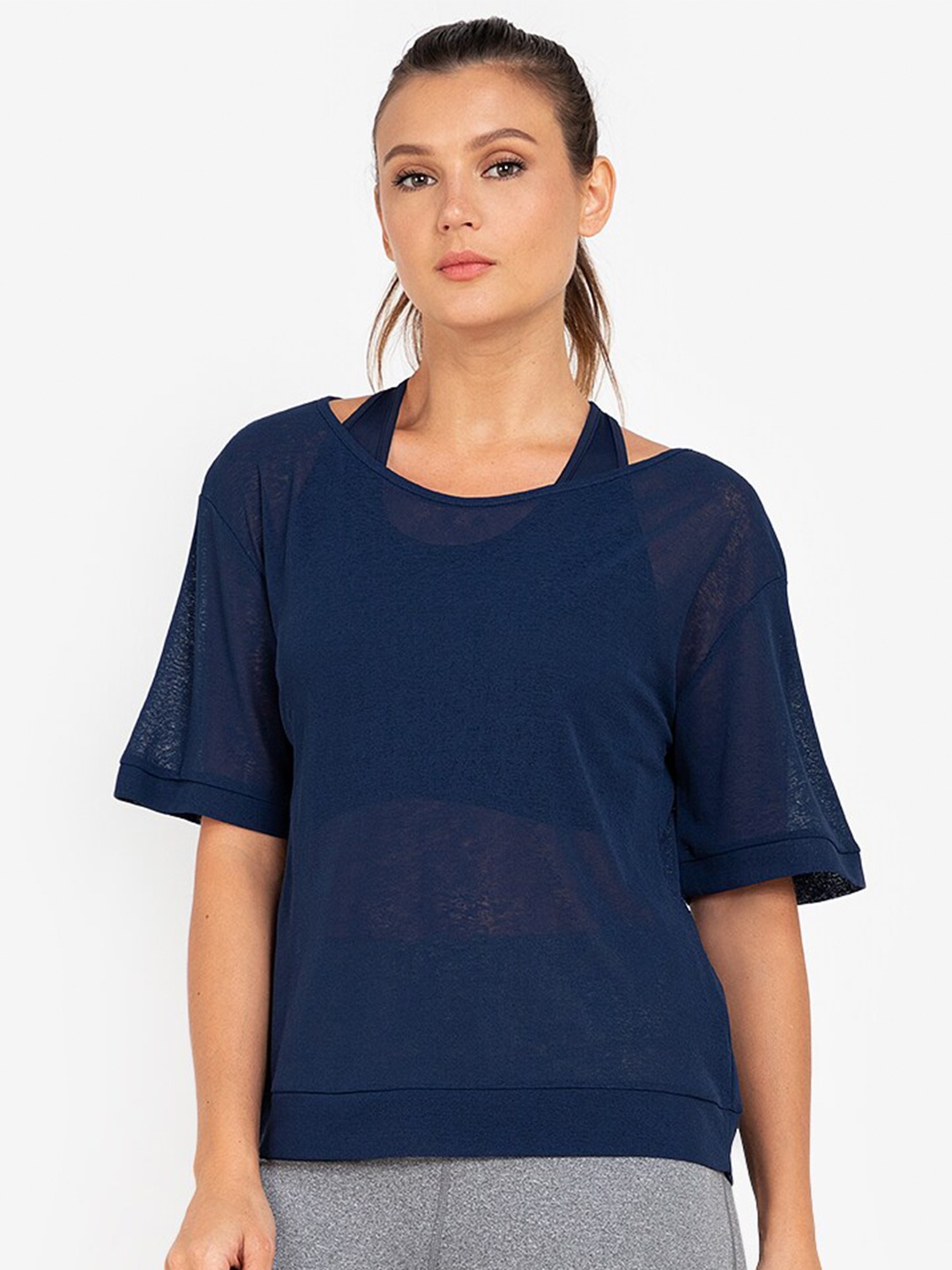 

ZALORA ACTIVE Navy Blue Solid Boat Neck Flared Sleeves Back Keyhole Polyester Top