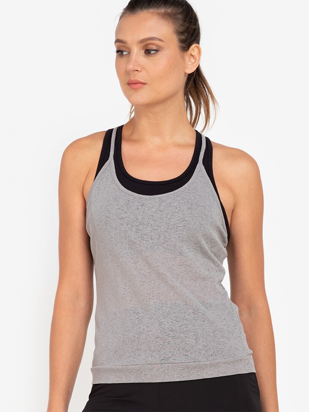 

ZALORA ACTIVE Grey Solid Round Neck Thin Strap Open Back Polyester Regular Tank Top