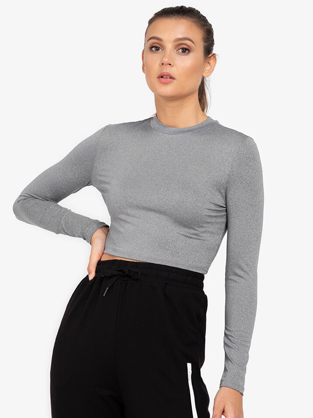 

ZALORA ACTIVE Grey Solid High Neck Long Sleeve Polyester Fitted Crop Top