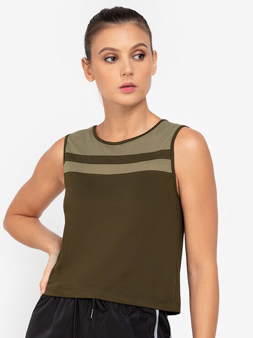 

ZALORA ACTIVE Green Colourblocked Round Neck Sleeveless Polyester Crop Tank Top