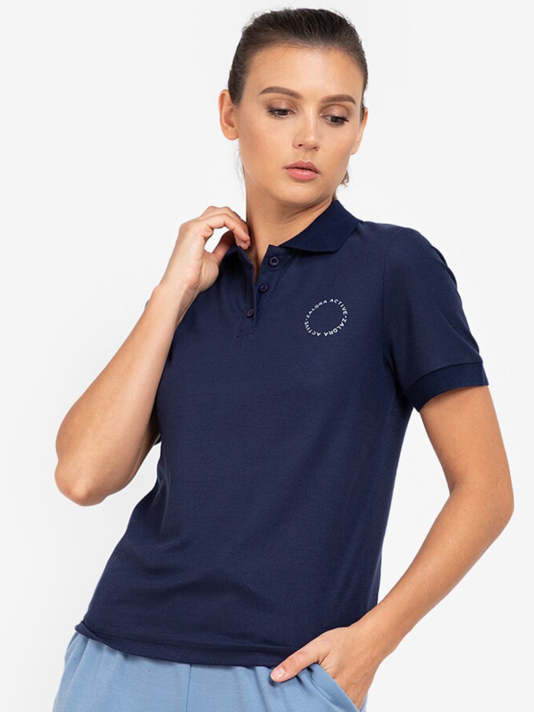 

ZALORA ACTIVE Women Navy Blue Solid Polo Collar Top