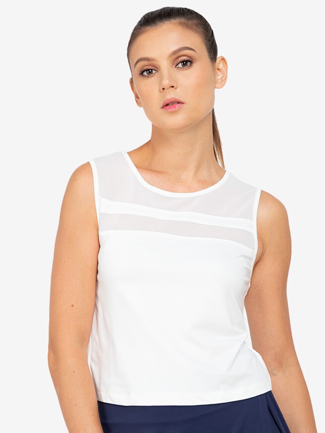 

ZALORA ACTIVE White Solid Round Neck Mesh Panel Flounce Tank Crop Top