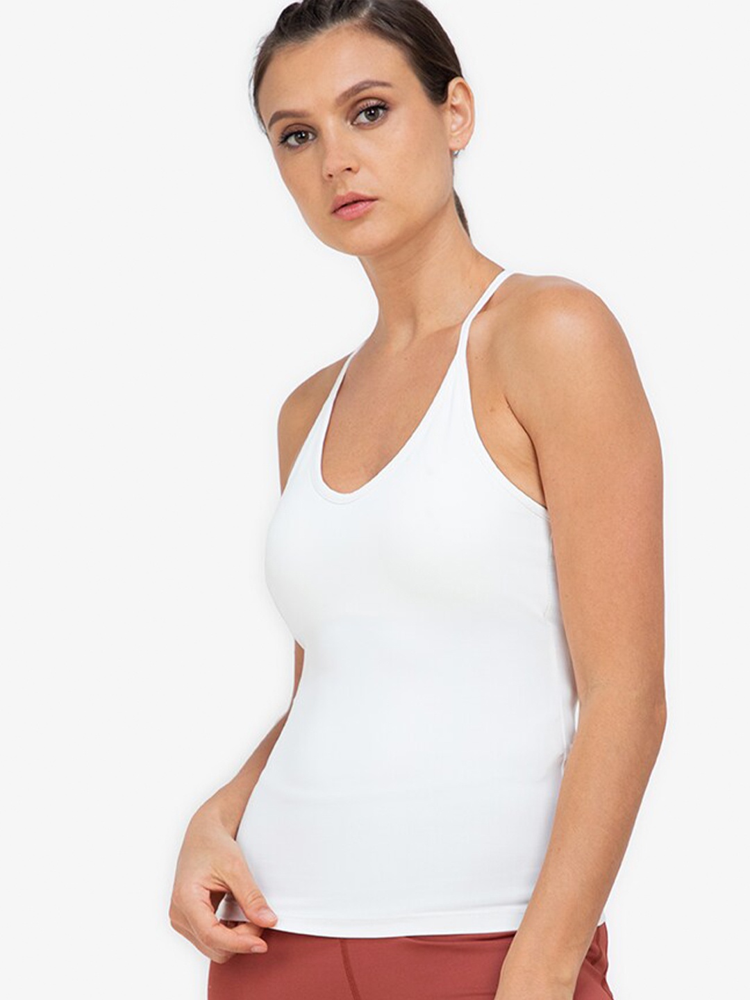 

ZALORA ACTIVE White Solid Slim Racer Cross Detail Halter Neck Tank Top