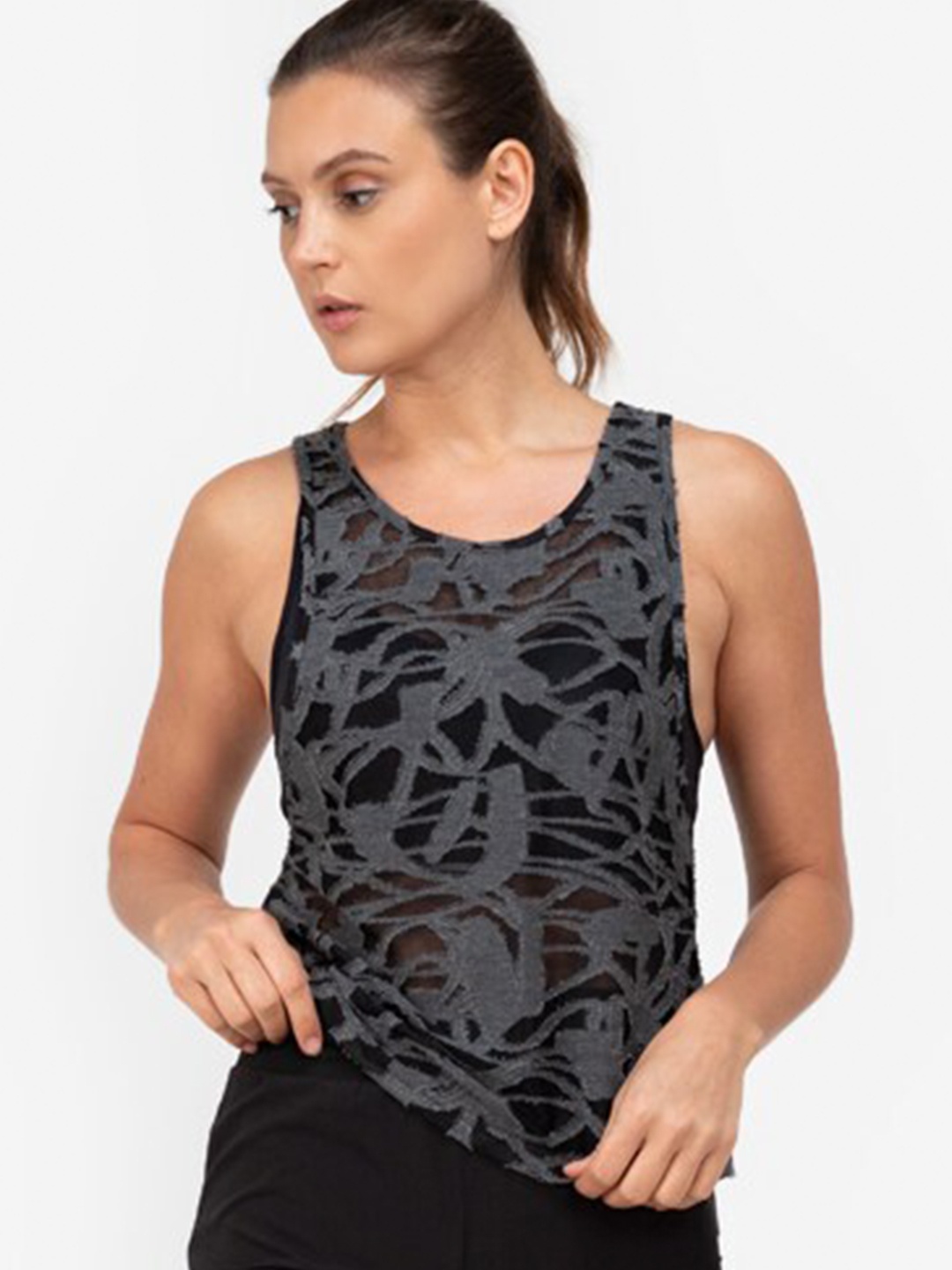 

ZALORA ACTIVE Black Self Designed Round Neck Sleeveless Back Keyhole Polyester Tank Top