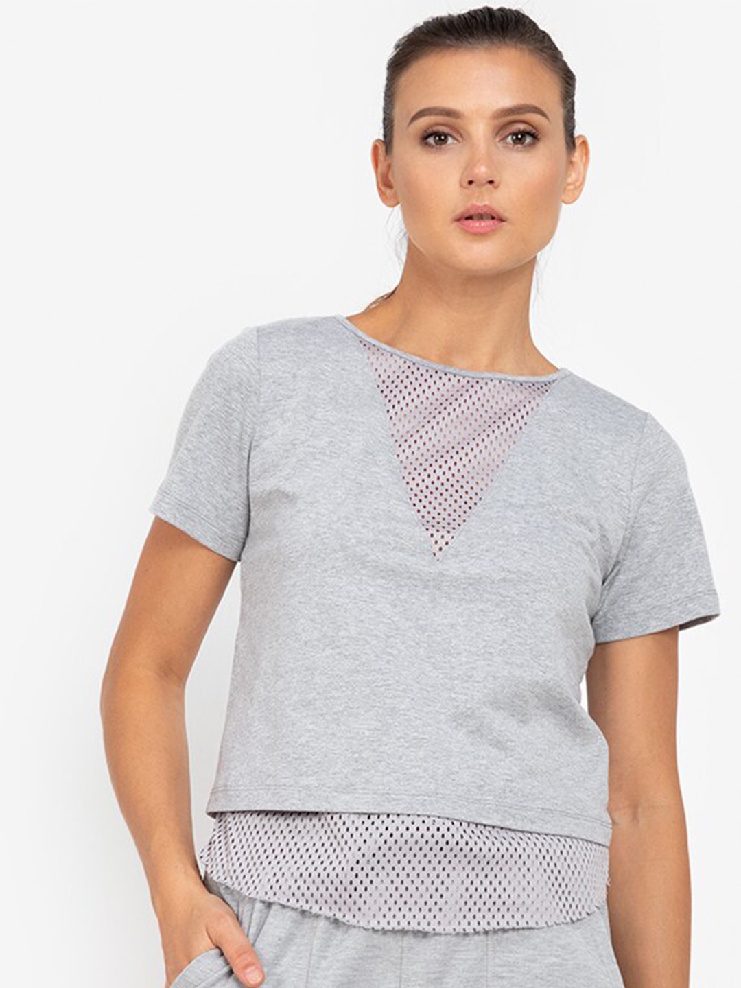 

ZALORA ACTIVE Grey Colourblocked Mesh Layered Round Neck Short Sleeve Regular Top