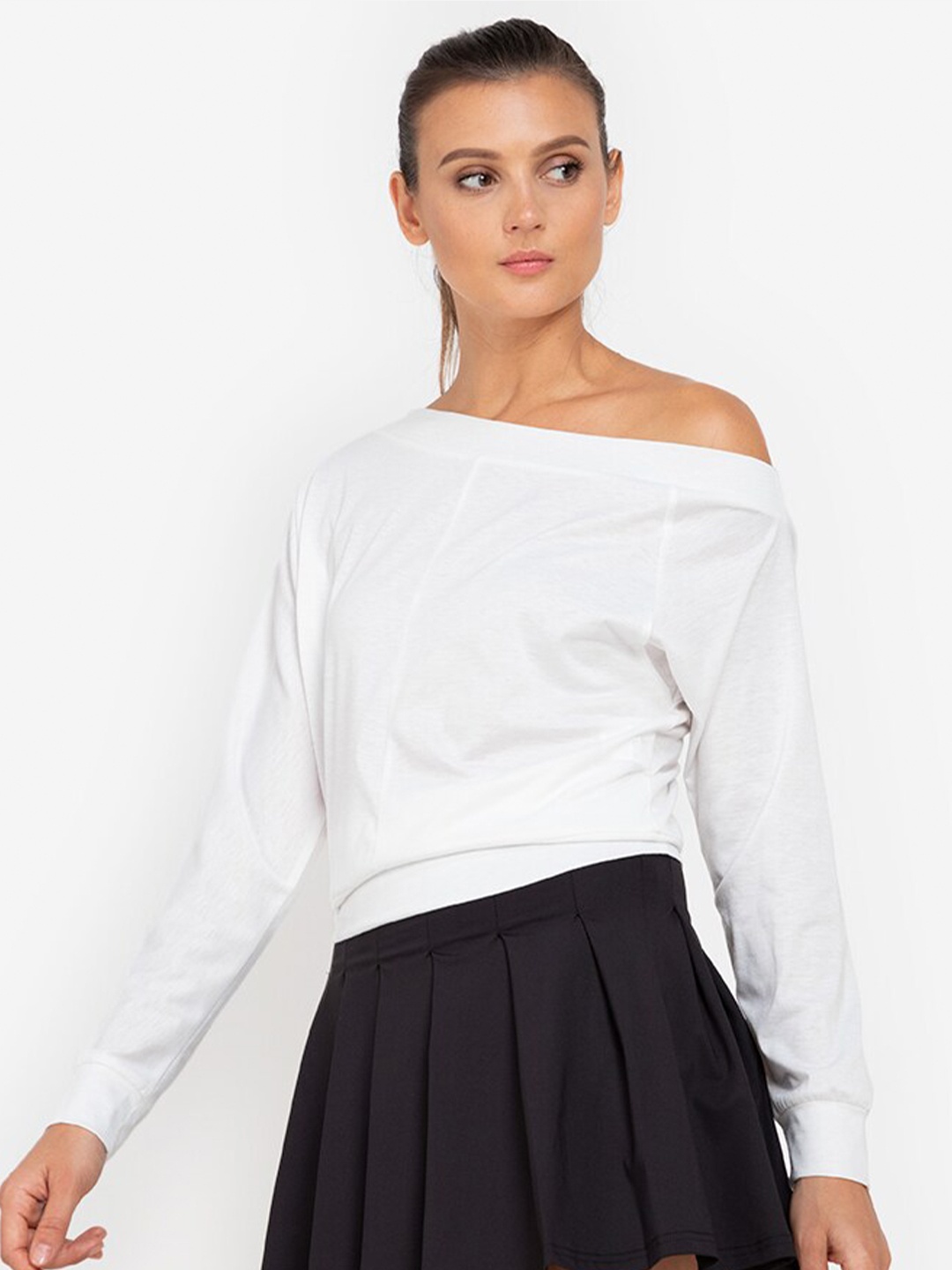 

ZALORA ACTIVE White Solid Drop Shoulder Long Sleeves Polyester Regular Top