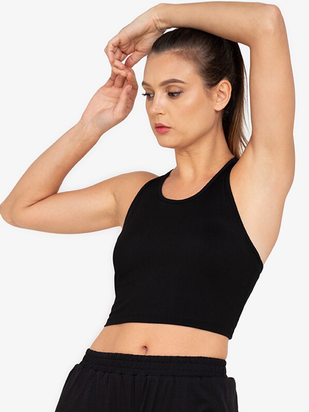 

ZALORA ACTIVE Black Solid Round Neck Cut Out Crop Tank Top