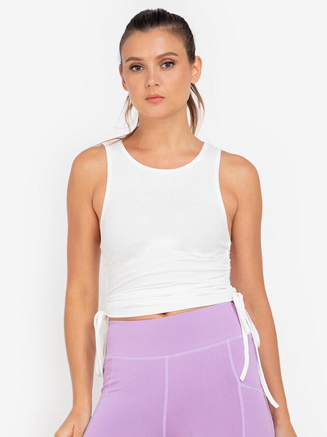 

ZALORA ACTIVE White Solid Side Drawstring Round Neck Sleeveless Crop Tank Top