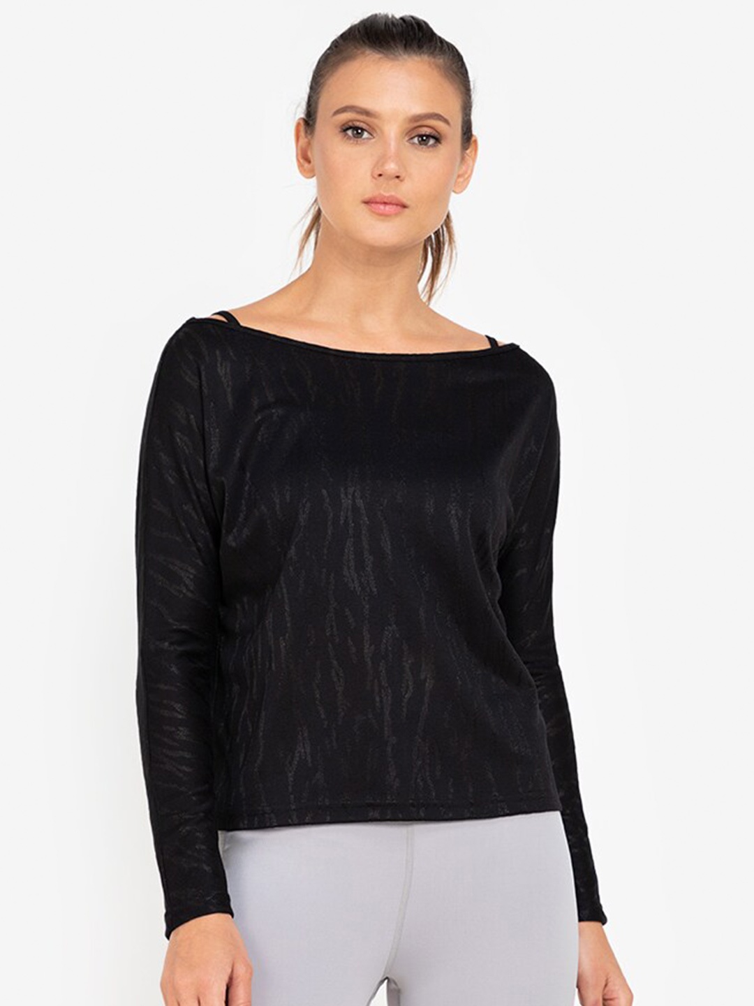 

ZALORA ACTIVE Black Self Design Boat Neck Long Sleeve Top