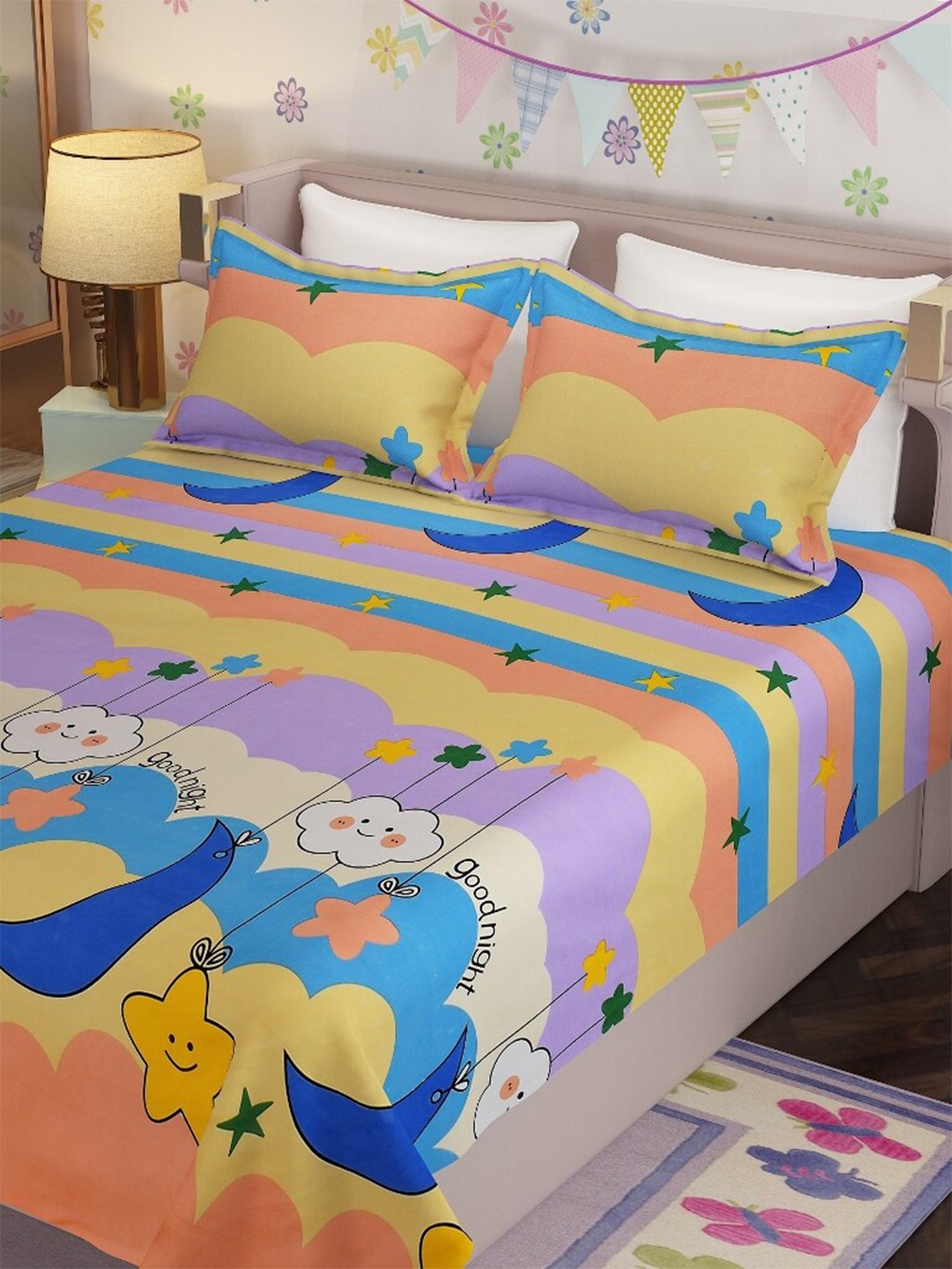 

Molly & Michel Yellow & Blue Graphic Cotton 210 TC Queen Bedsheet with 2 Pillow Covers