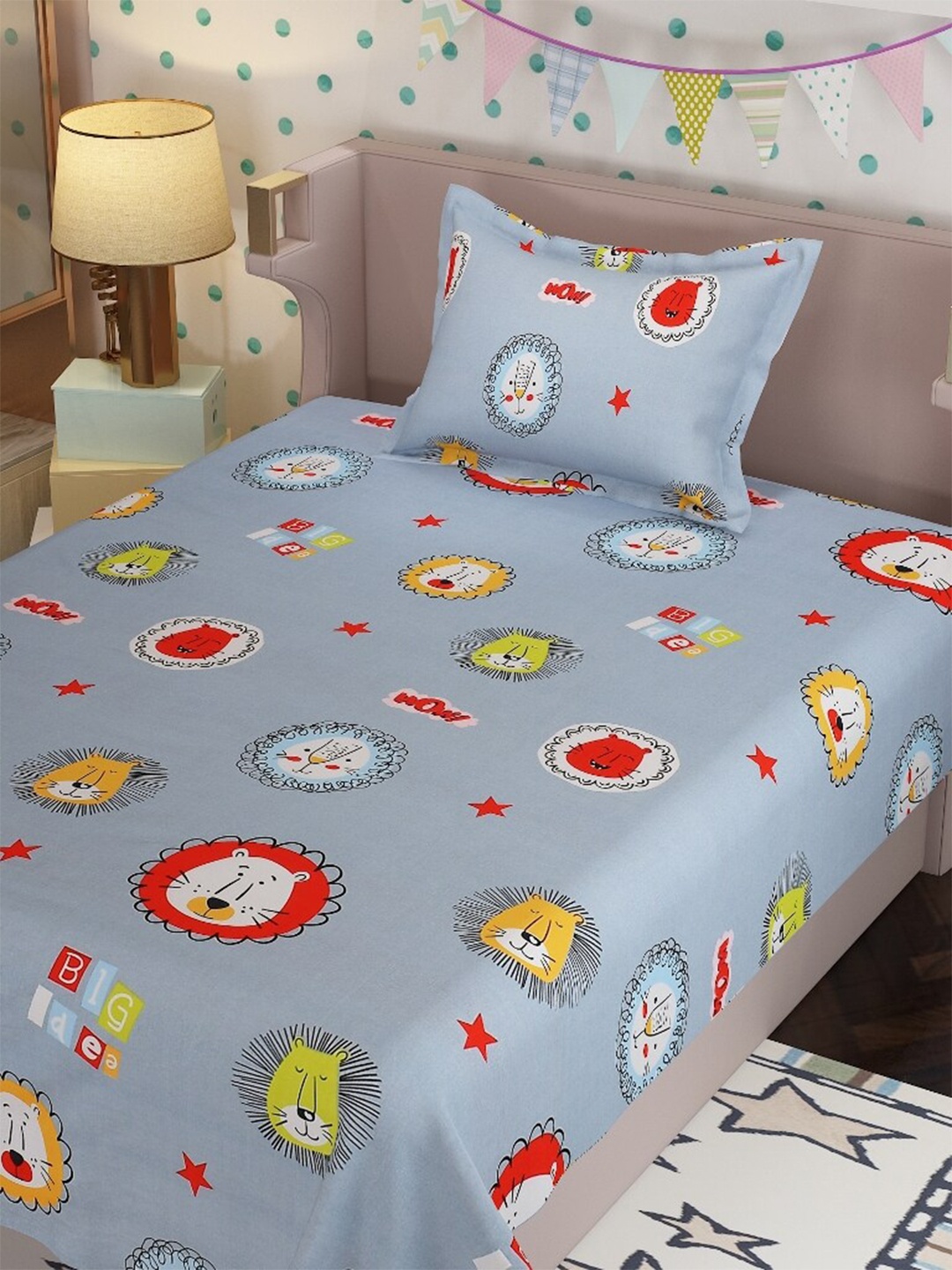 

Molly & Michel Grey & Red Printed Cotton 210 TC Single Bedsheet with 1 Pillow Covers