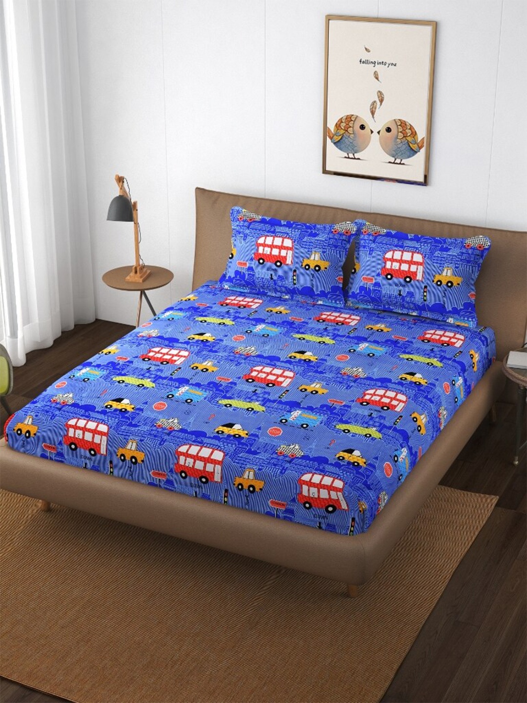 

Molly & Michel Blue & Red Graphic 210 TC Queen Bedsheet with 2 Pillow Covers