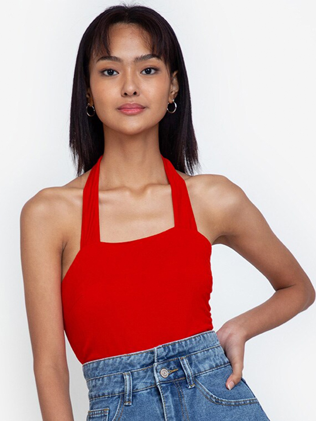 

ZALORA BASICS Red Solid Halter Neck Fitted Crop Top