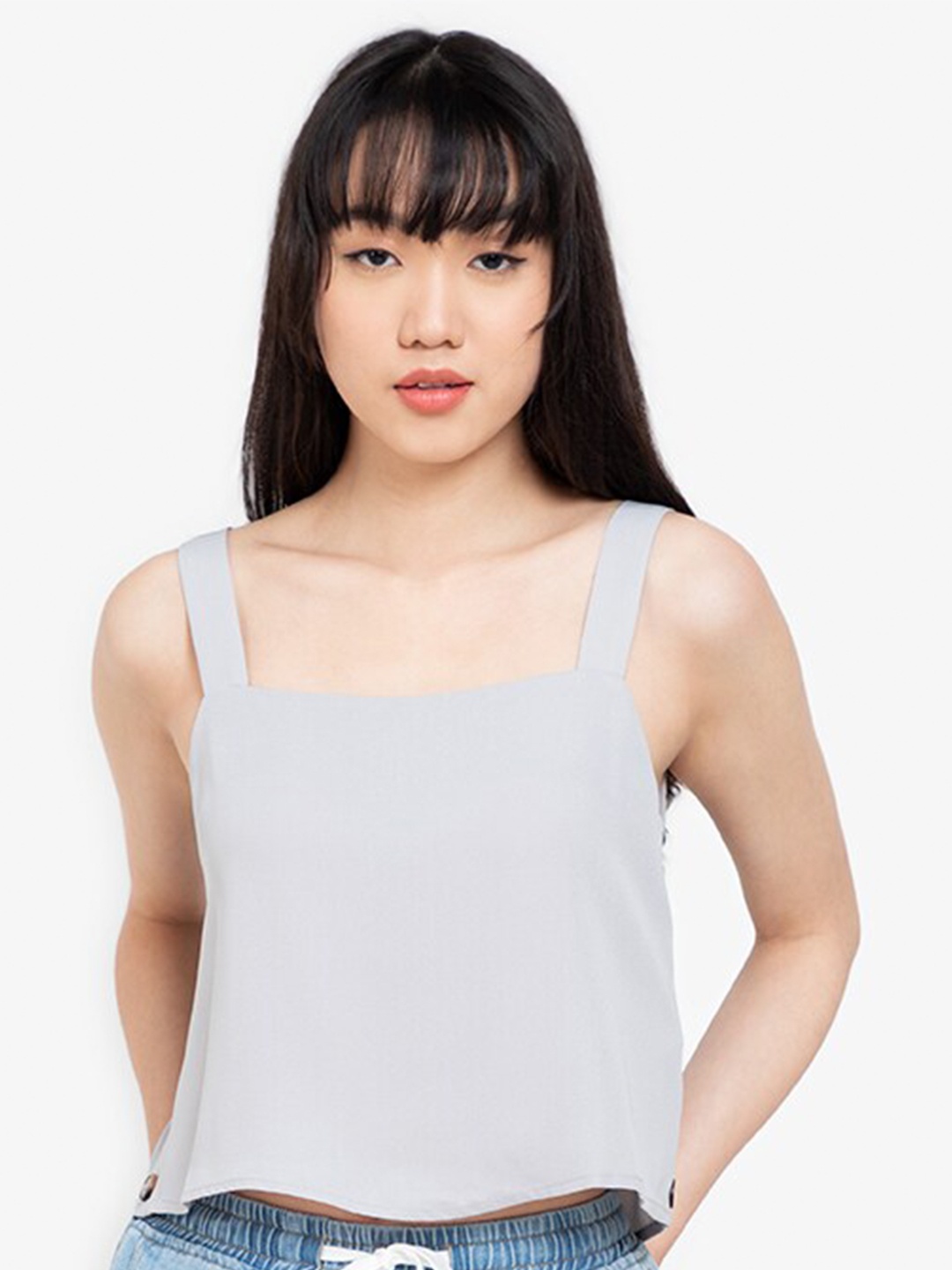 

ZALORA BASICS Grey Solid Square Neck Side Button Detail Crop Top
