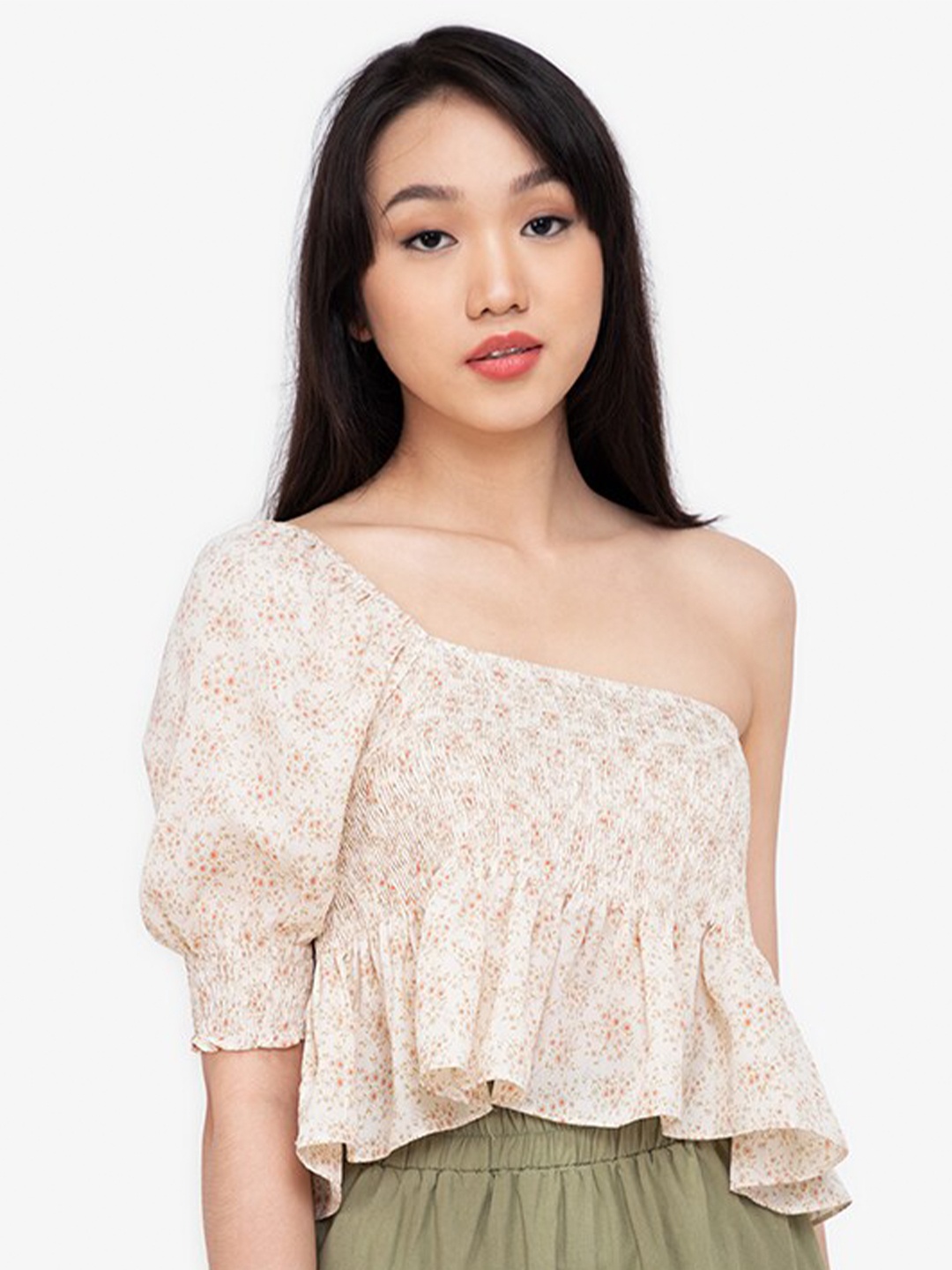 

ZALORA BASICS Beige Floral Print One Shoulder Smocked Peplum Top