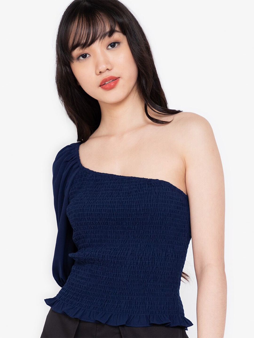 

ZALORA BASICS Women Navy Blue Self Design One Shoulder Smocked Regular Top