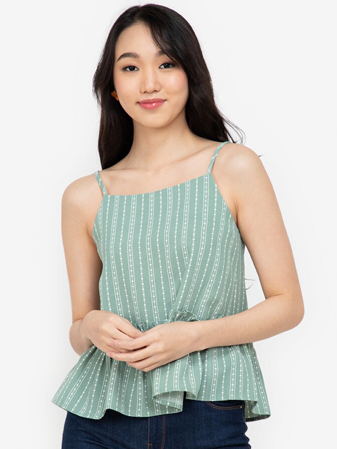 

ZALORA BASICS Mint Green & White Print Tie Back Ruffle Hem Top