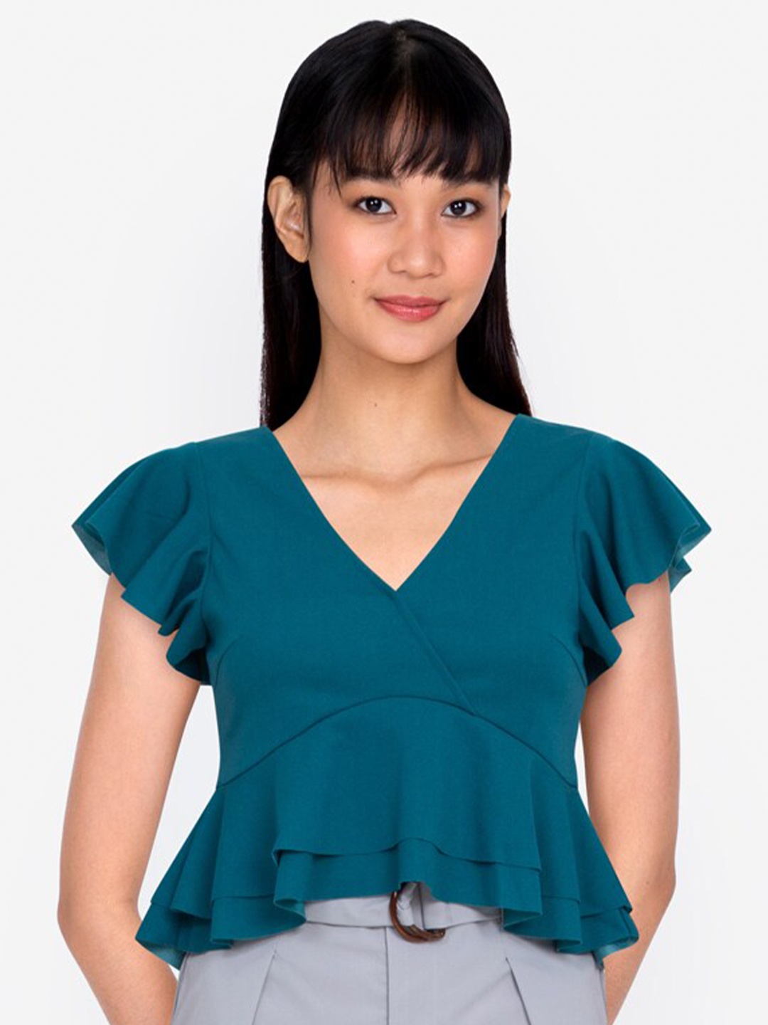 

ZALORA BASICS Teal Green Cropoed Ruffle Hem Babydoll Top