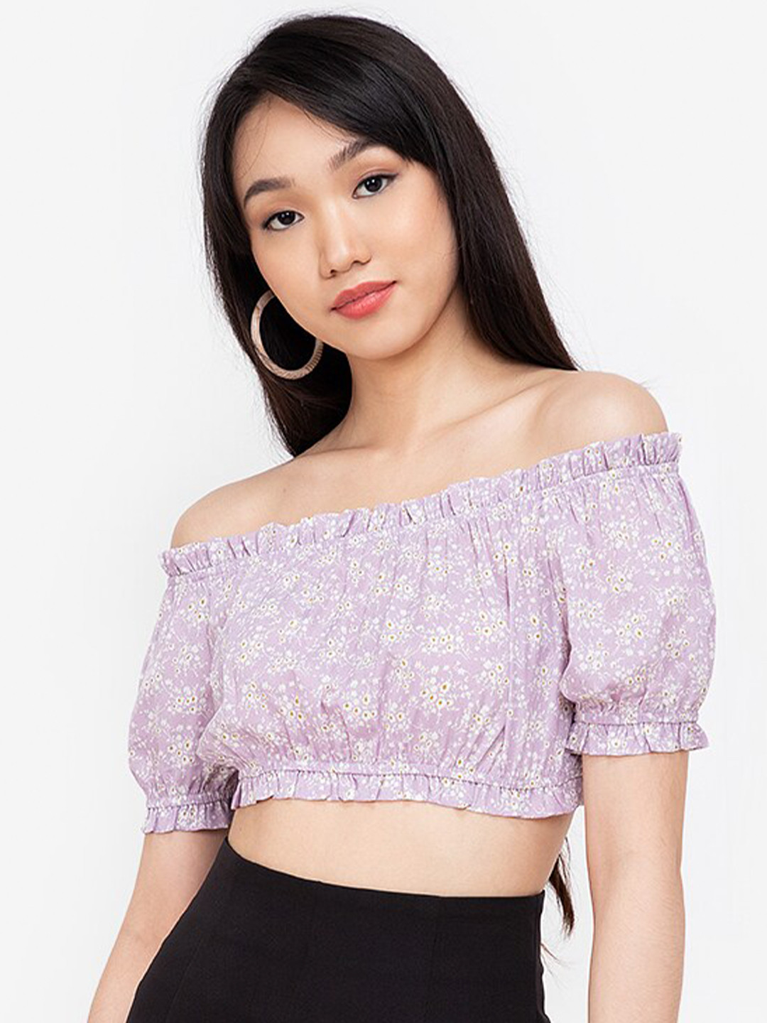 

ZALORA BASICS Purple Floral Print Off-Shoulder Crop Top