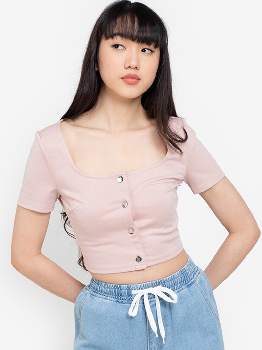 

ZALORA BASICS Beige Button Down Crop Top