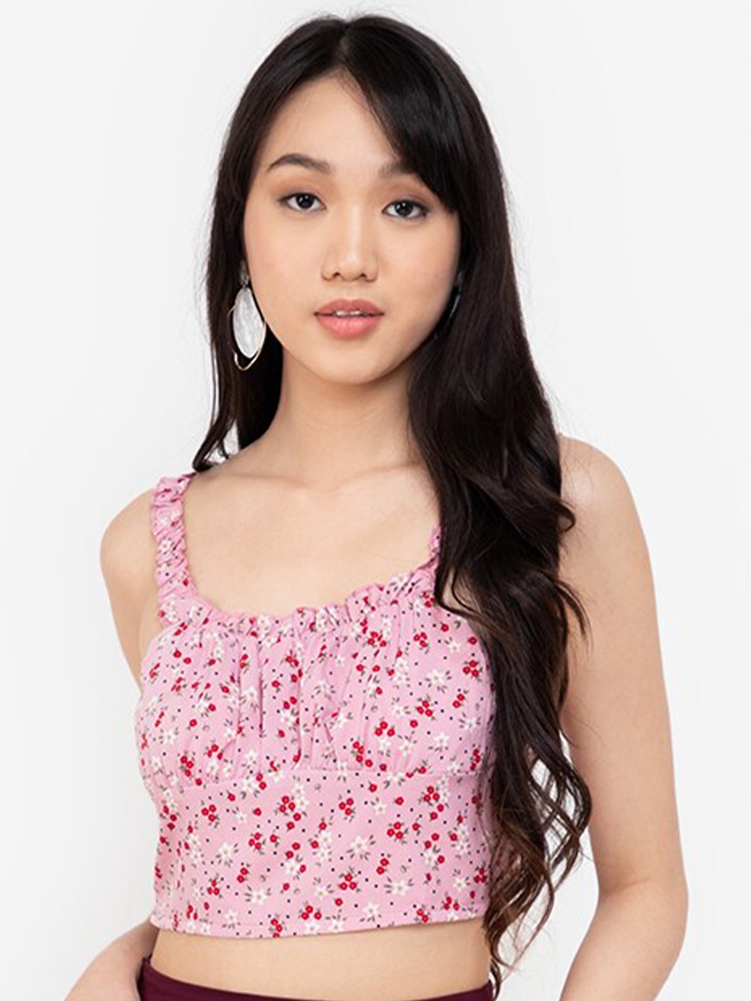 

ZALORA BASICS Pink Floral Print Frill Detail Cropped Top