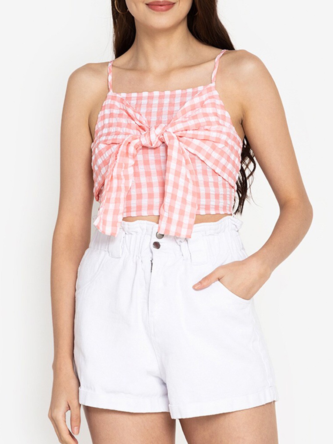 

ZALORA BASICS Women Pink & White Checked Shoulder Strap Regular Crop Top