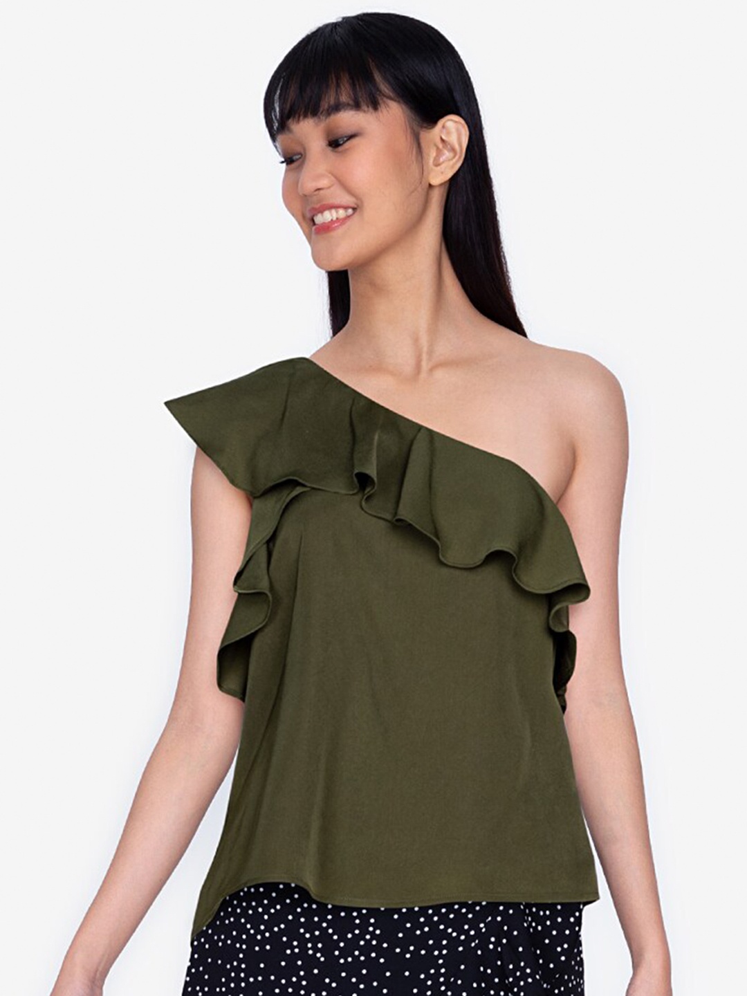 

ZALORA BASICS Olive Green One Shoulder Layered Top