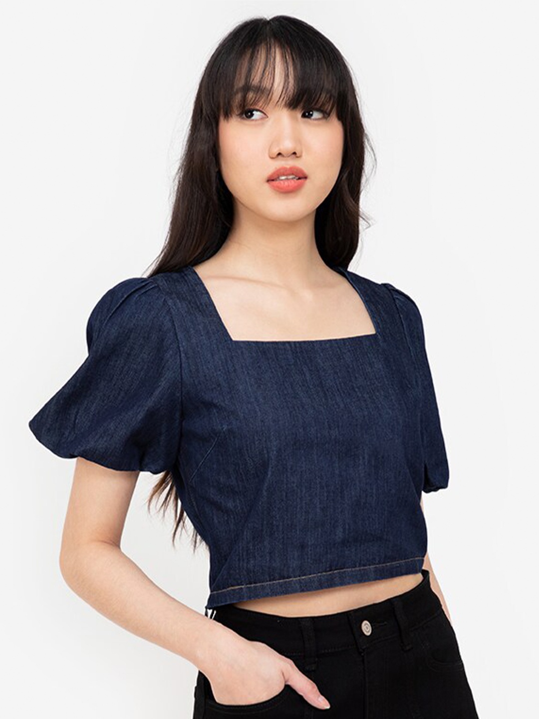 

ZALORA BASICS Navy Blue Chambray Crop Top