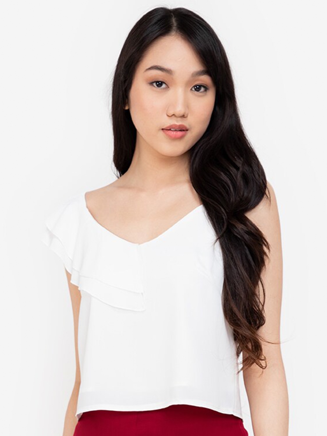 

ZALORA BASICS White One Shoulder Ruffles Styled Back Top