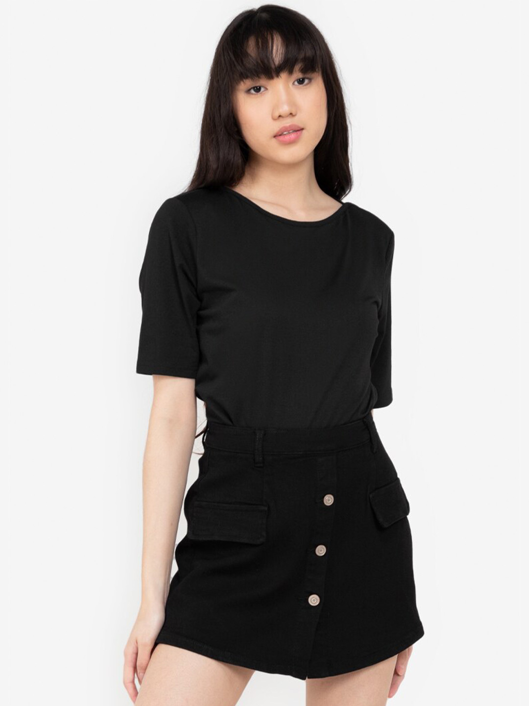 

ZALORA BASICS Women Black Solid Boat Neck Regular T-shirt