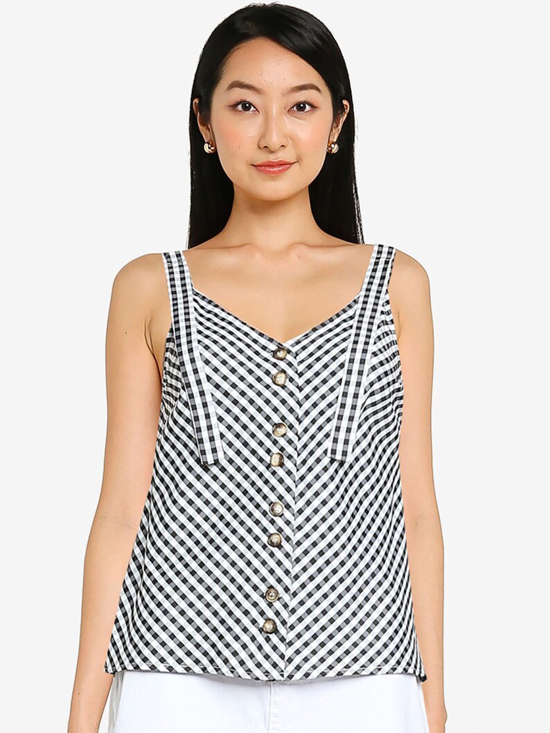 

ZALORA BASICS Black & White Checked Button Details Top