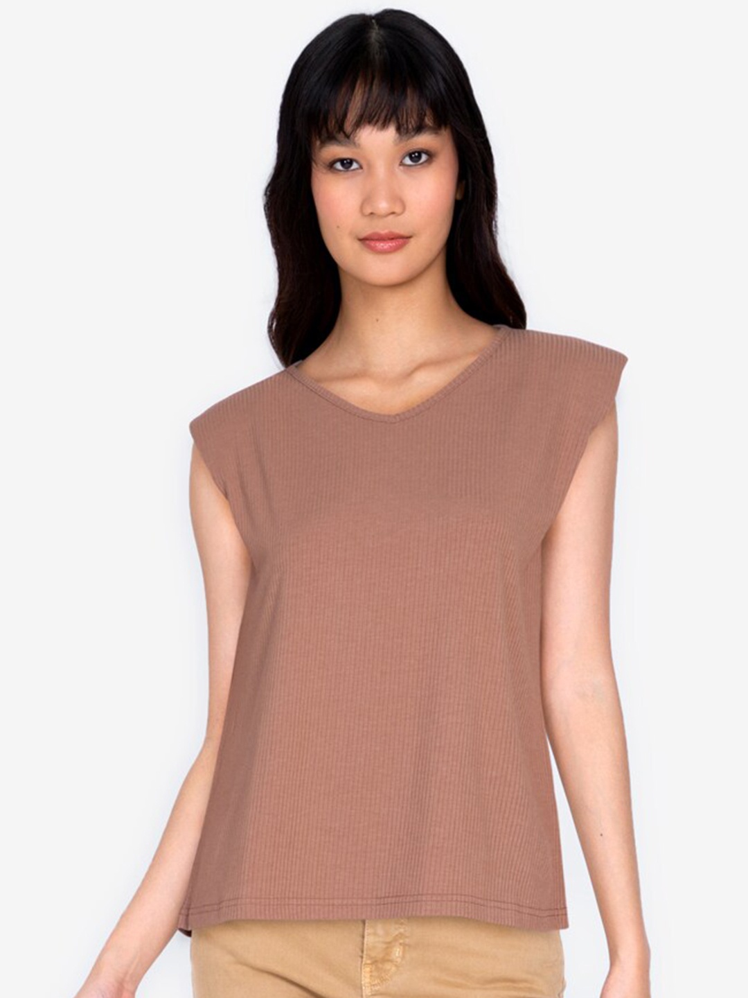 

ZALORA BASICS Women Brown V-Neck Shoulder Pad T-shirt