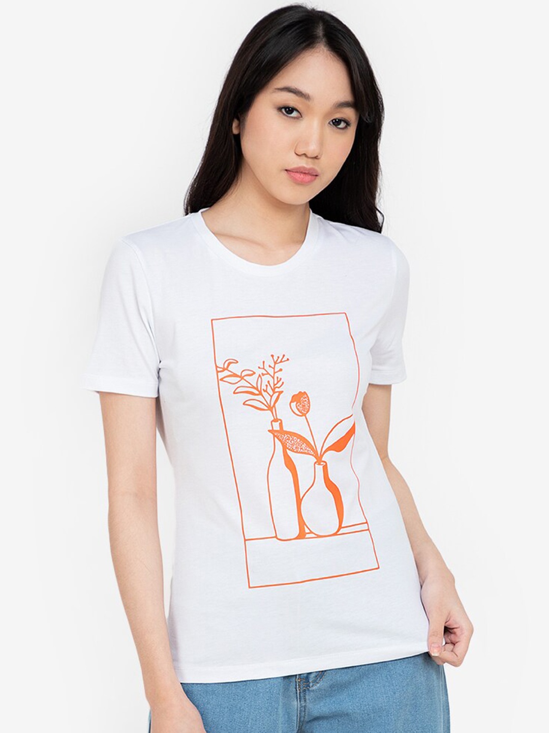 

ZALORA BASICS Women White & Orange Printed T-shirt