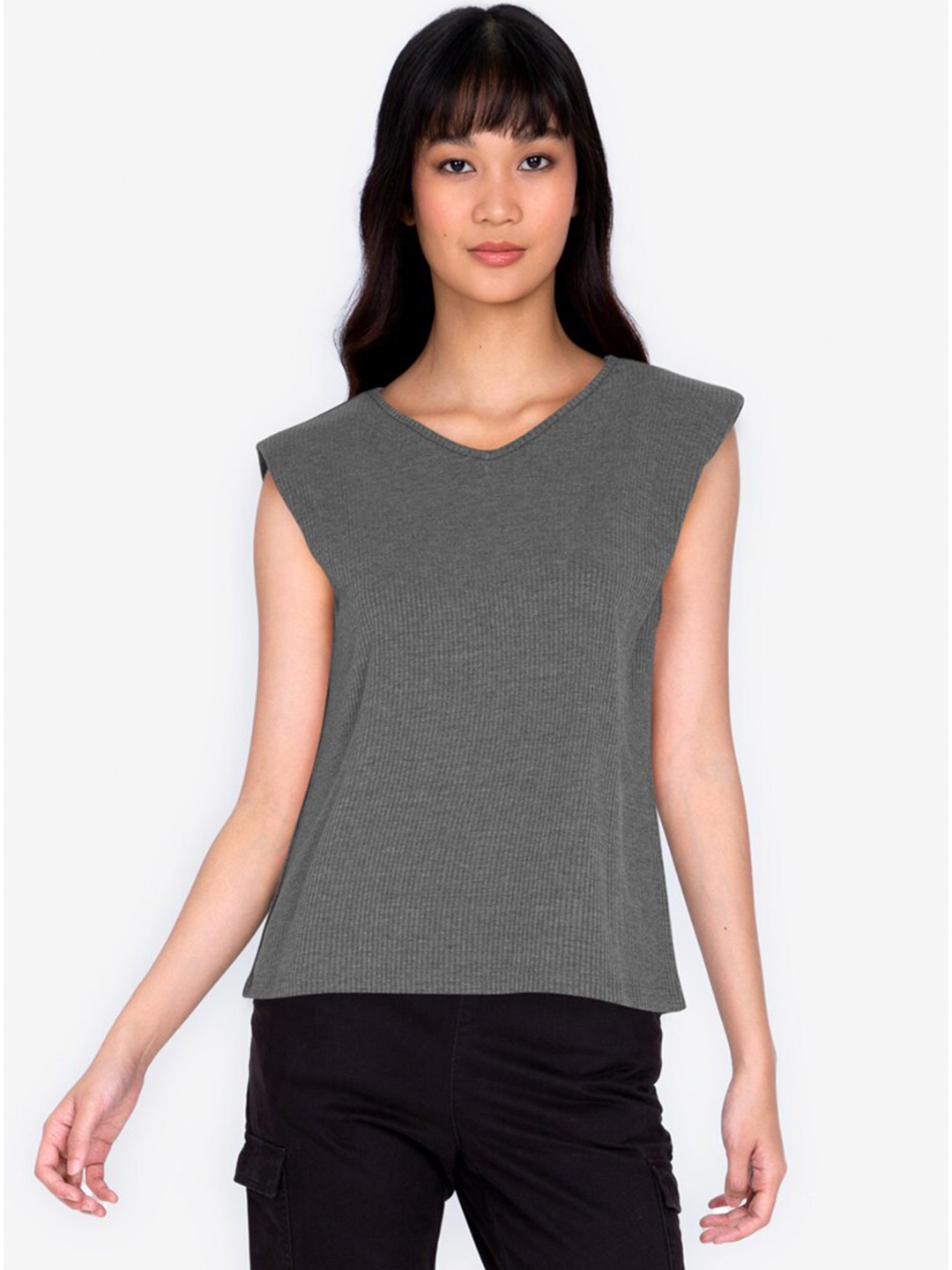 

ZALORA BASICS Grey V-Neck Shoulder Pad Top