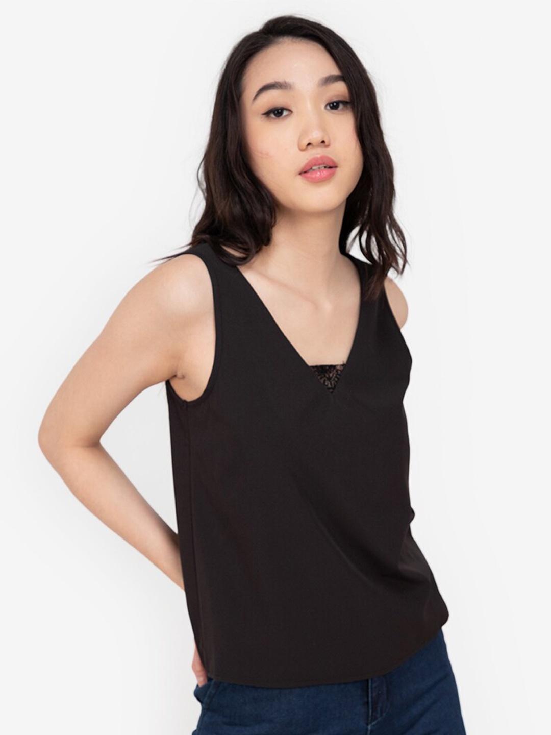 

ZALORA BASICS Black V Neck Lace Insert Cami Top