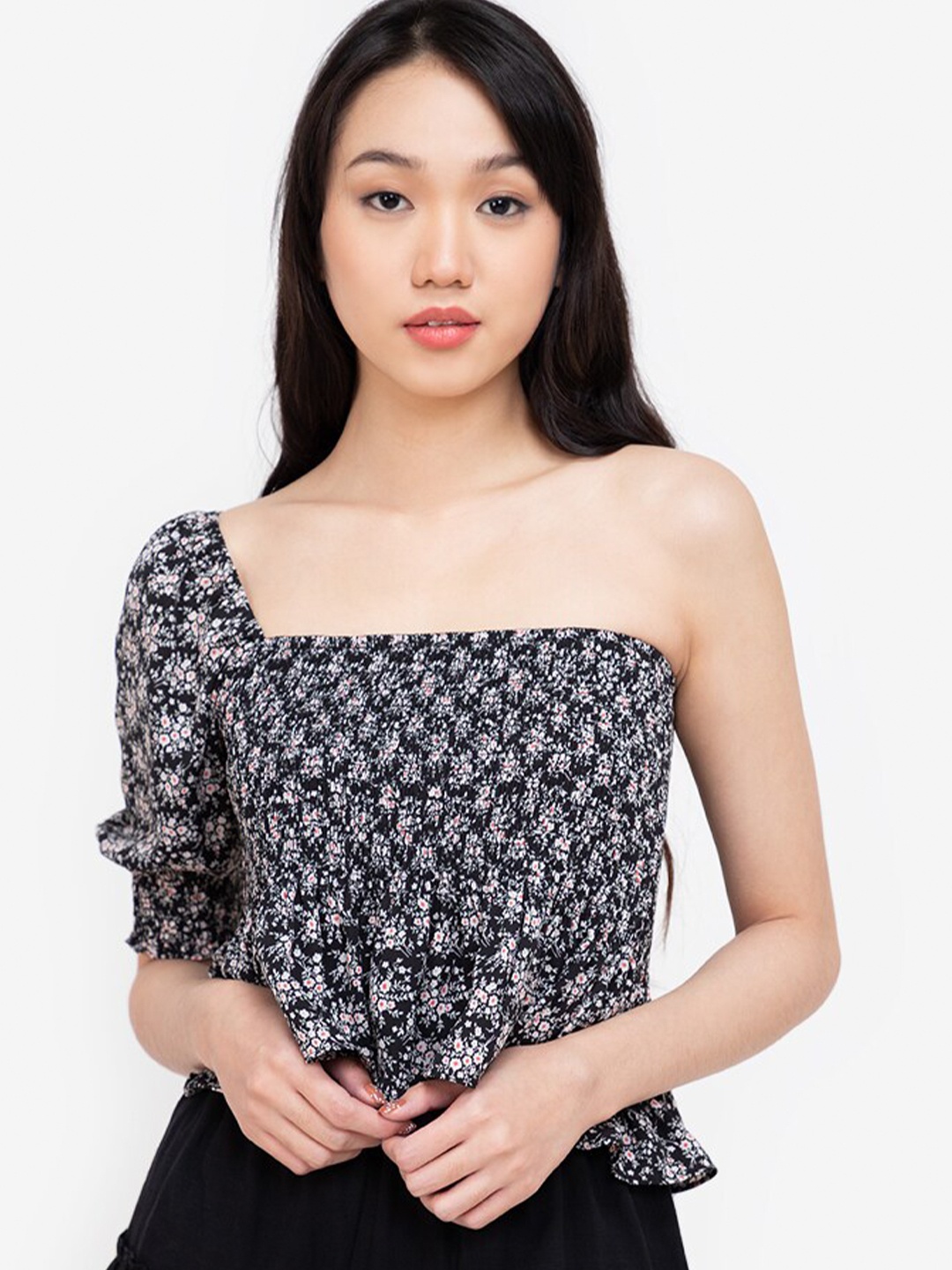 

ZALORA BASICS Navy Blue Floral Print One Shoulder Top