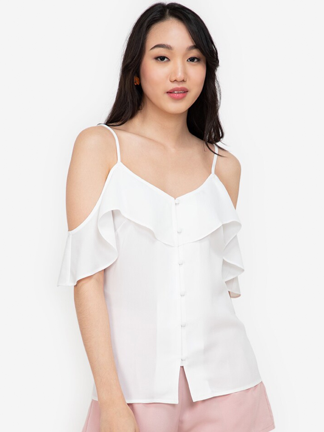 

ZALORA BASICS White Solid Cold Shoulder Ruffle Top