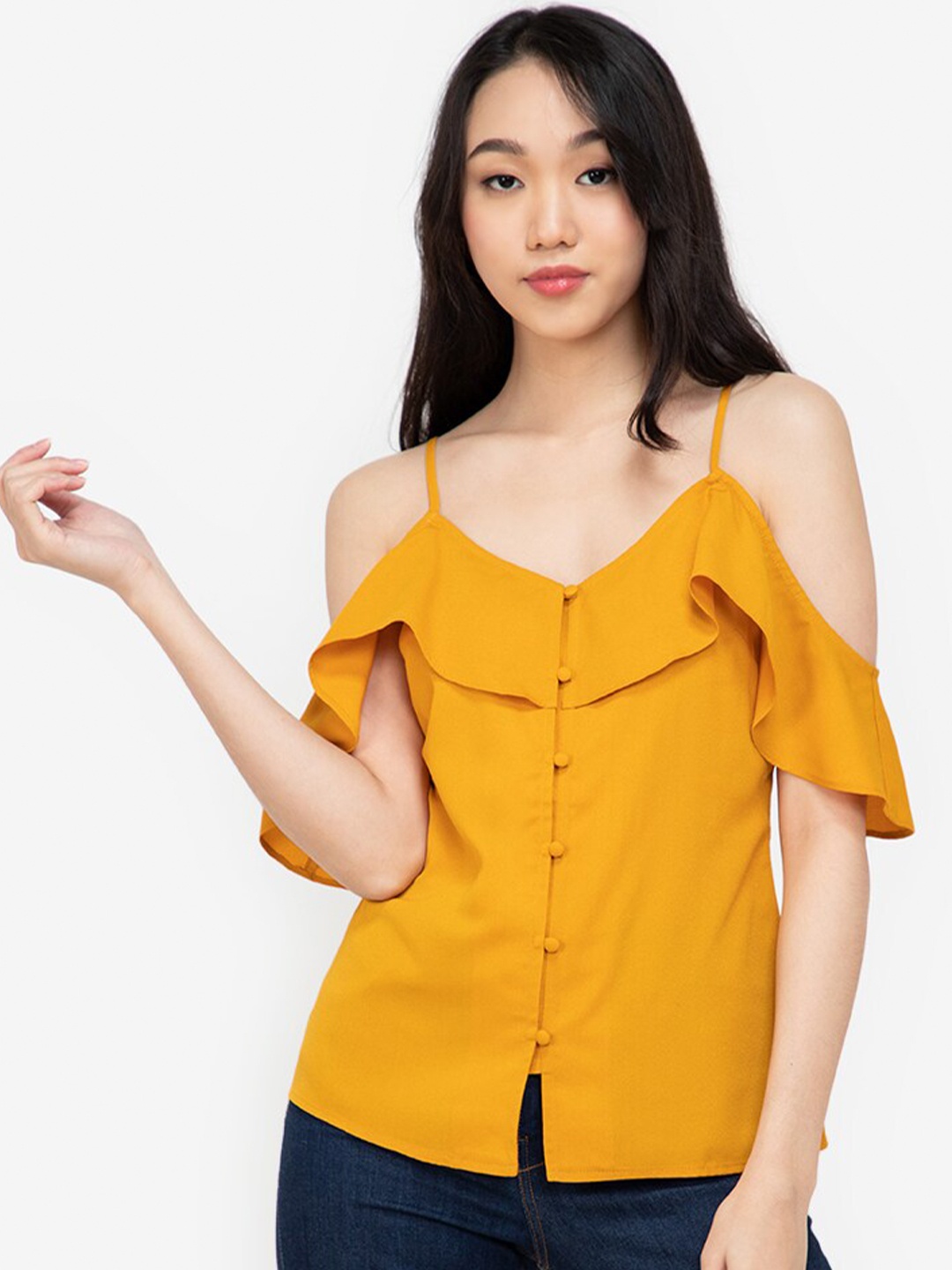 

ZALORA BASICS Yellow Button Cold Shoulder Ruffle Cami Top