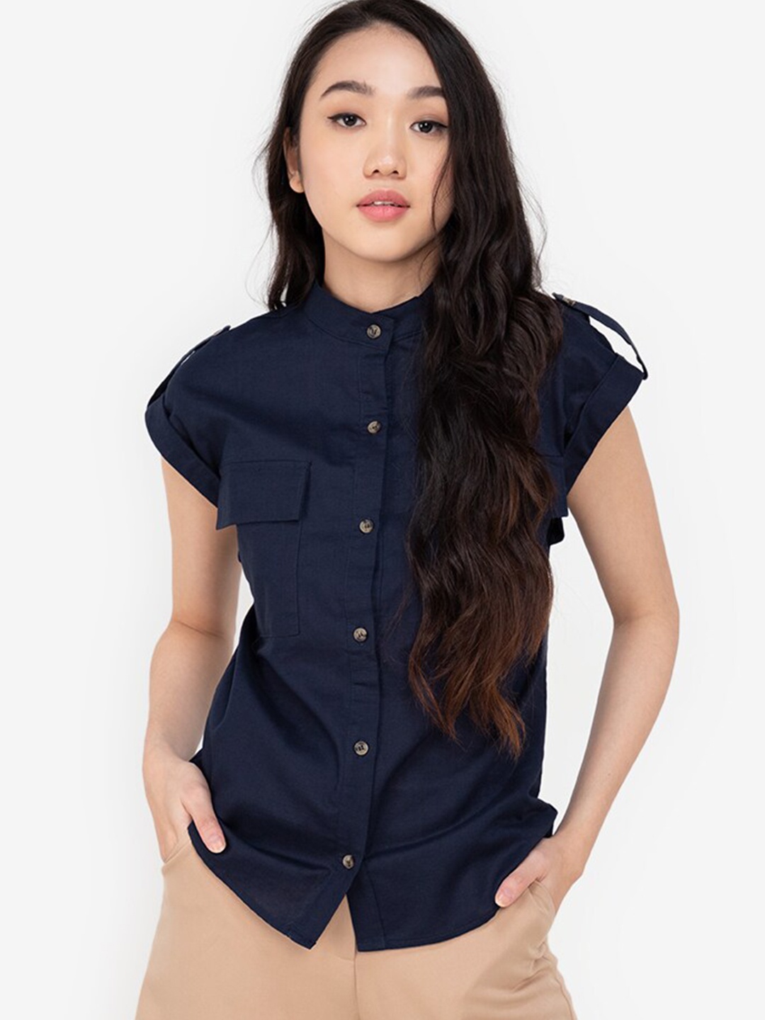 

ZALORA BASICS Navy Blue Mandarin Collar Linen Shirt Style Top