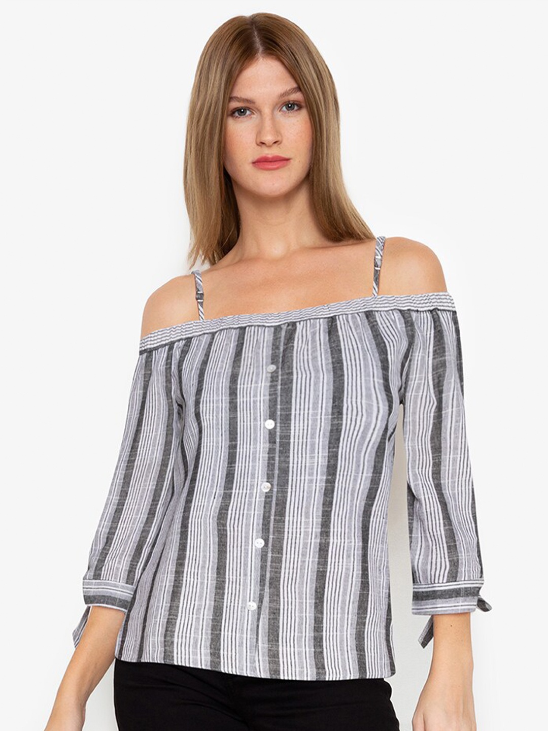 

ZALORA BASICS Women Black & White Striped Shoulder Straps Regular Top