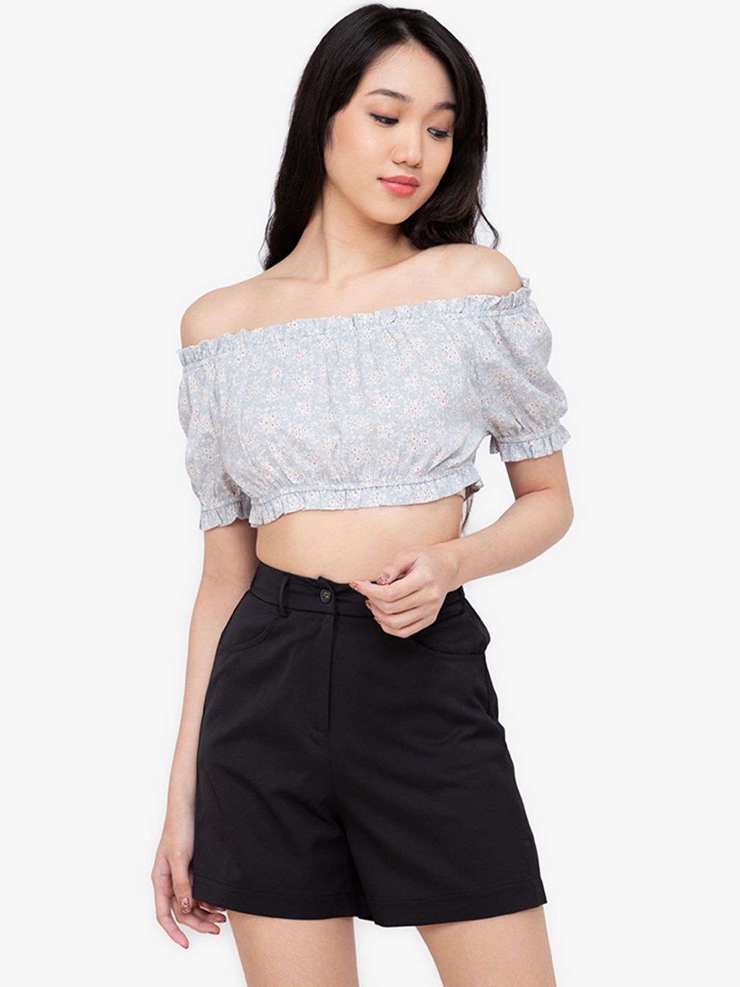 

ZALORA BASICS Blue Floral Printed Off-Shoulder Ruffled Bardot Crop Top