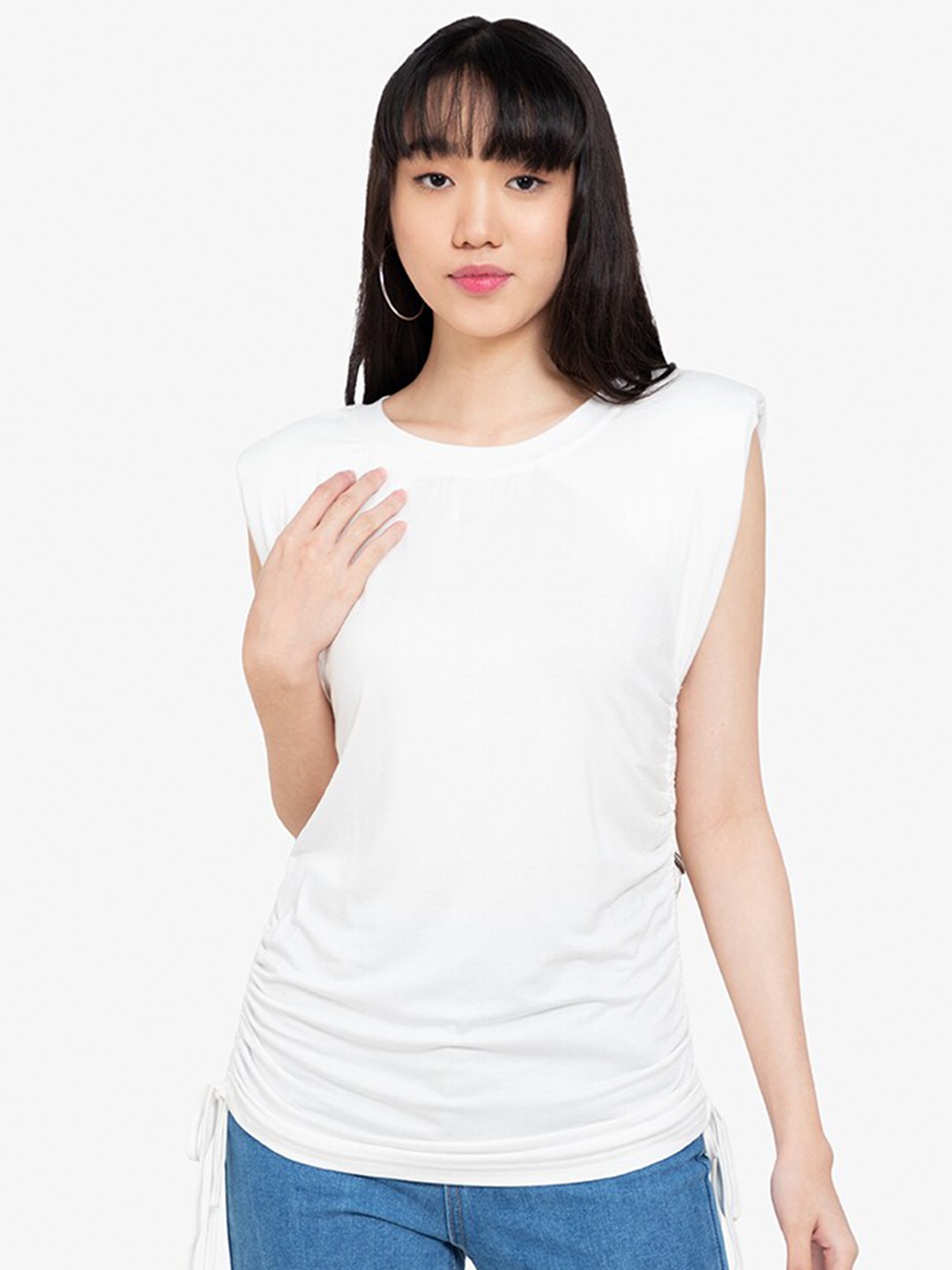 

ZALORA BASICS White Shoulder Pad Ruched Sides T-Shirt