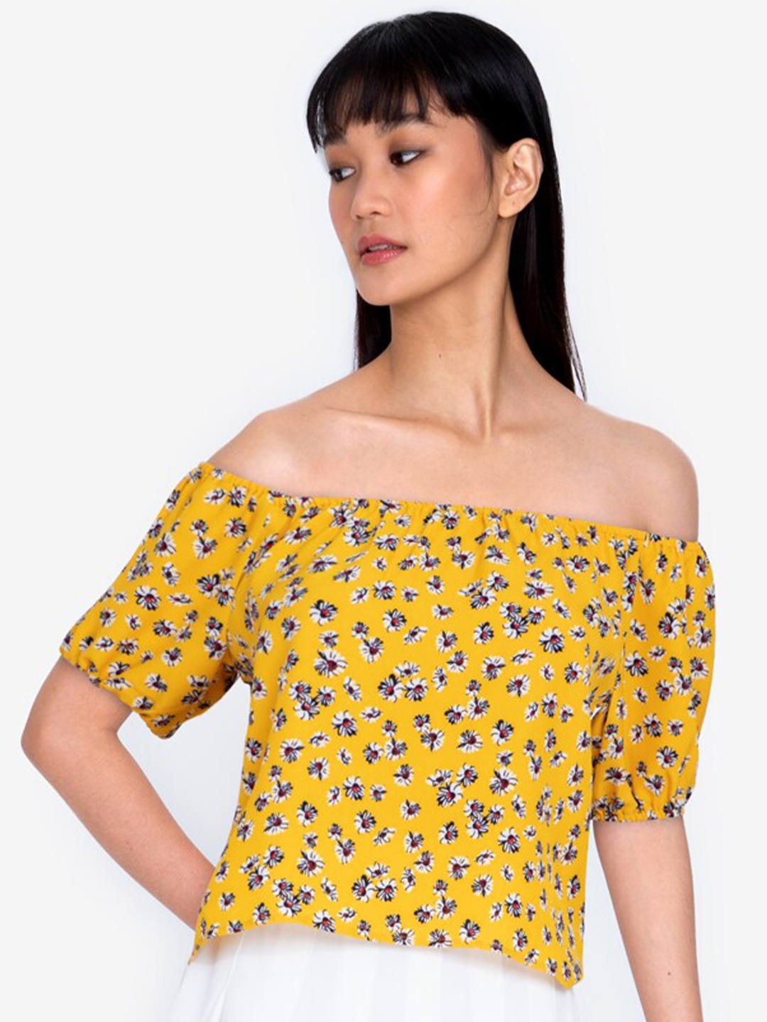 

ZALORA BASICS Yellow Floral Print Off-Shoulder Crop Top
