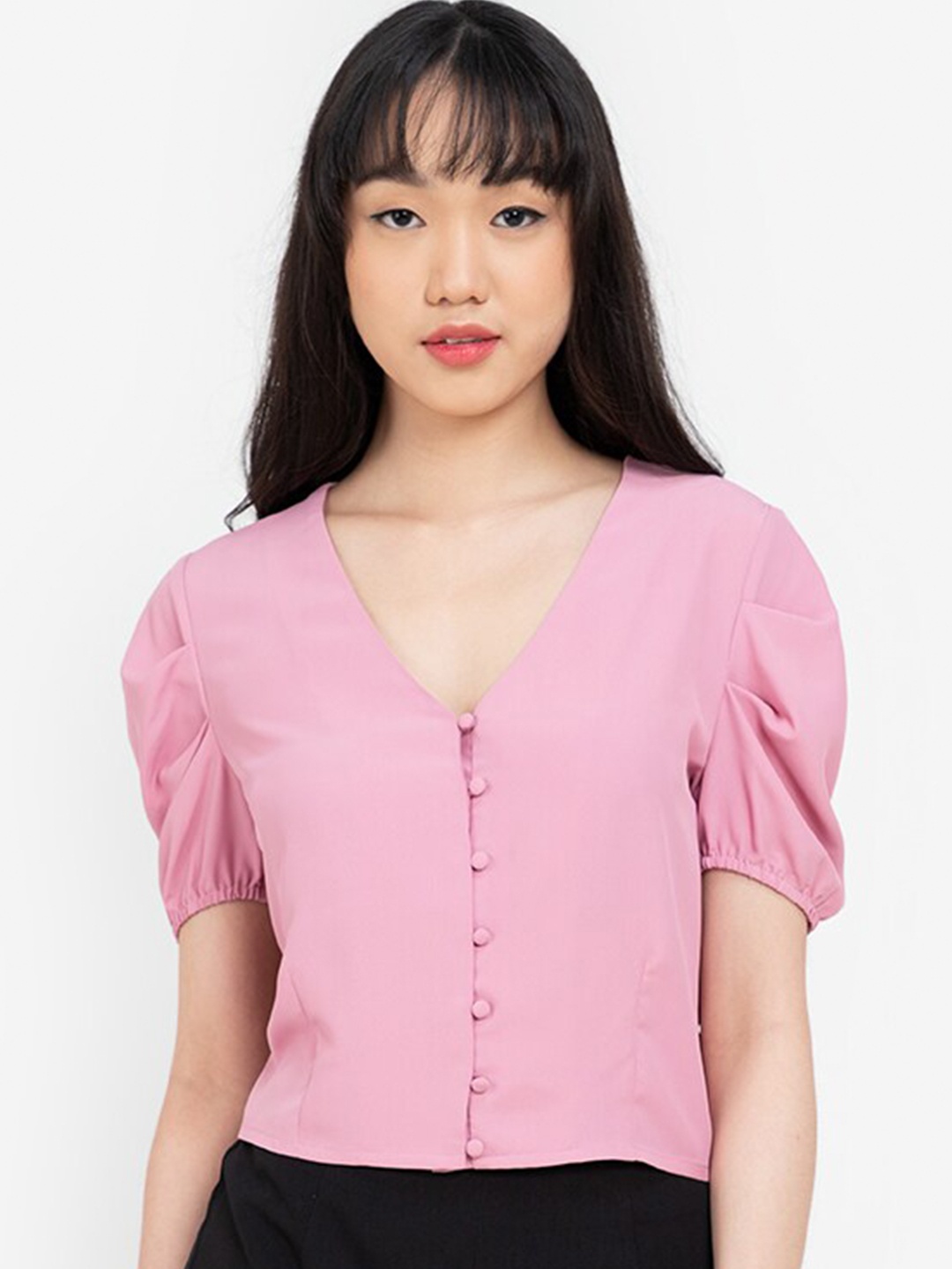 

ZALORA BASICS Pink Solid V-Neck Puff Sleeves Polyester Regular Crop Top